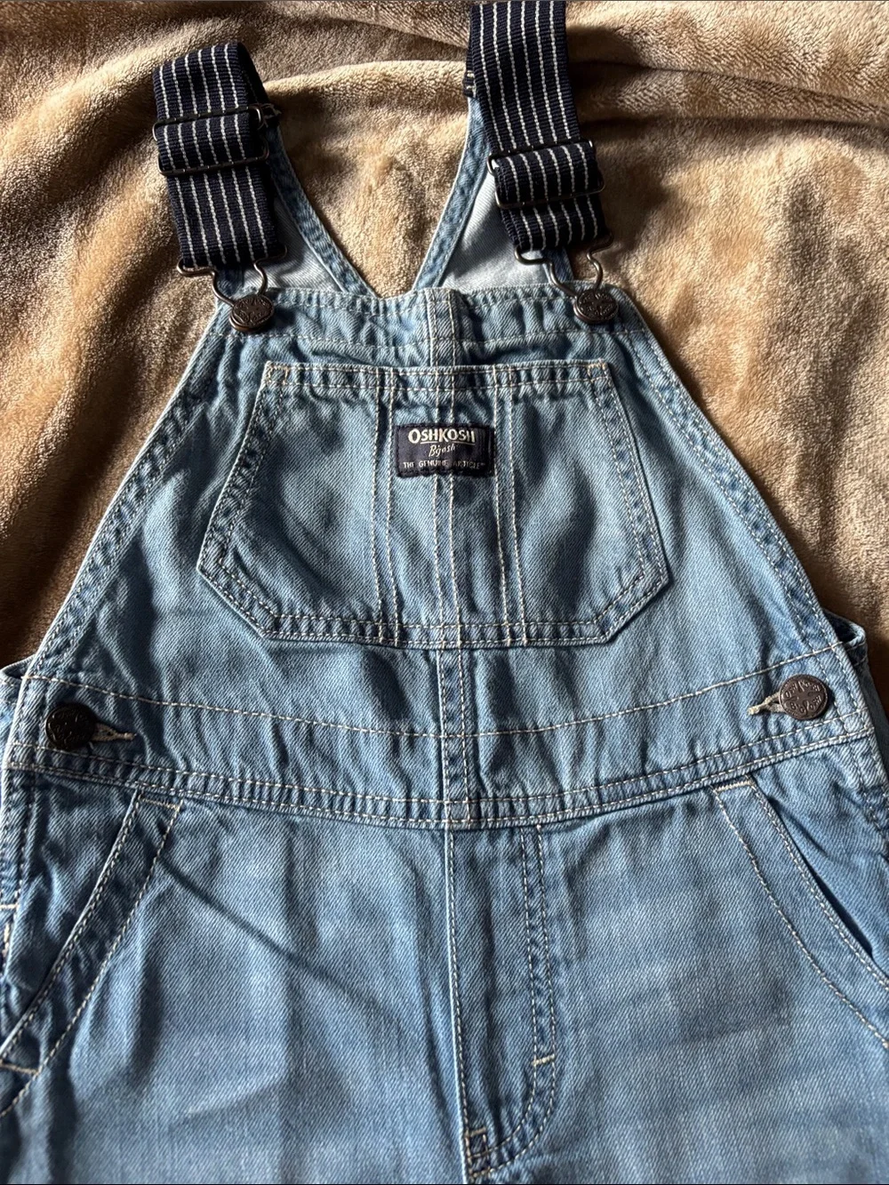 OshKosh B'gosh Light Blue Denim Short Overalls with Navy Striped Straps -